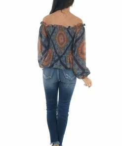 Flying Tomato Tops Navy Blue And Straw Abstract Print Smocked Top