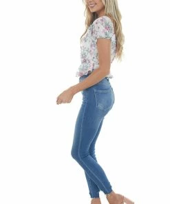 Peach Love Tops Off White Floral Print Short Puff Sleeve Top