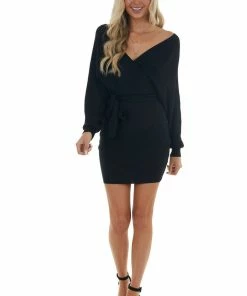 Style Melody Black Surplice Ribbed Knit Sweater Dress Dresses 27 Style Melody Black Surplice Ribbed Knit Sweater Dress Dresses