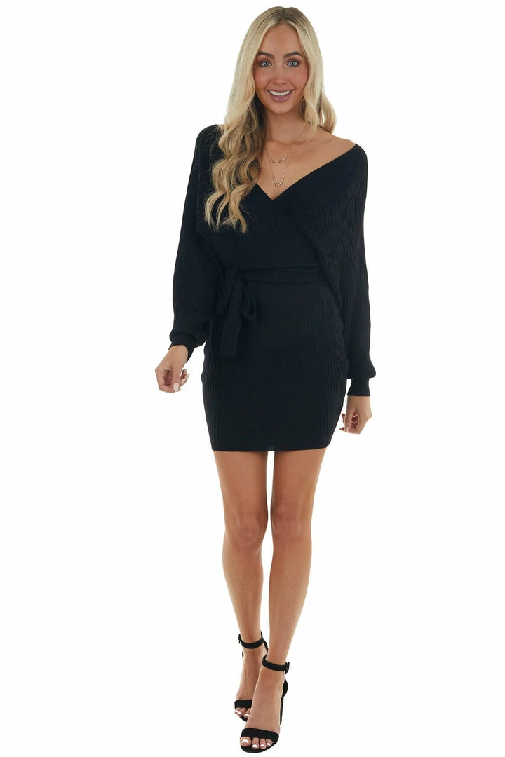 Style Melody Black Surplice Ribbed Knit Sweater Dress Dresses 12 Style Melody Black Surplice Ribbed Knit Sweater Dress Dresses