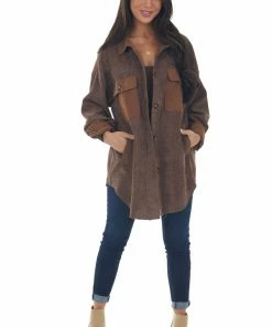 143 Story Coffee Contrast Oversized Corduroy Shacket Tops