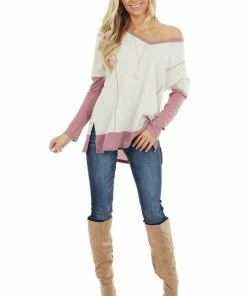 First Love Cream And Mauve Contrast Waffle Knit V Neck Top 28 First Love Cream And Mauve Contrast Waffle Knit V Neck Top