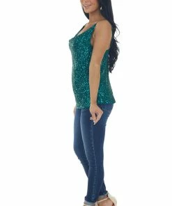 Main Strip Tops Dark Pine Sequin Sleeveless Cowl Neck Tank