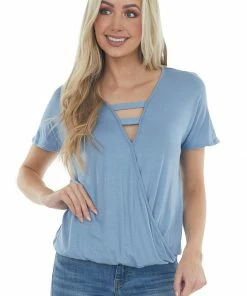 HEIMISH Dusty Blue Surplice Ladder Strap Neck Knit Top