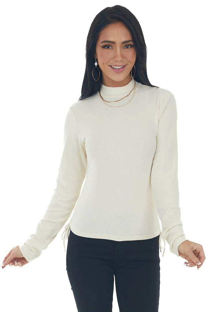 She + Sky Cream Ruched Brushed Ribbed Knit Fitted Top 11 She + Sky Cream Ruched Brushed Ribbed Knit Fitted Top