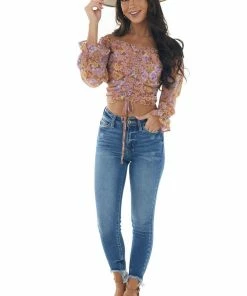 Illa Illa Dusty Rose Floral Print Ruched Front Crop Top Tops