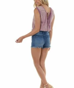 LE LIS Plum Acid Wash Surplice Back Banded Bodysuit Tops