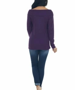 BiBi Tops Grape Criss Cross Brushed Waffle Knit Top