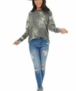 Vanilla Bay Hunter Green Tie Dye Long Sleeve Ribbed Hemline Knit Top Tops