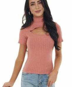 Peach Love Light Terracotta Chest Cut Out Mock Neckline Ribbed Knit Top Tops