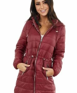 Style Melody Wine Zip Up Adjustable Puffer Coat With Removable Hood