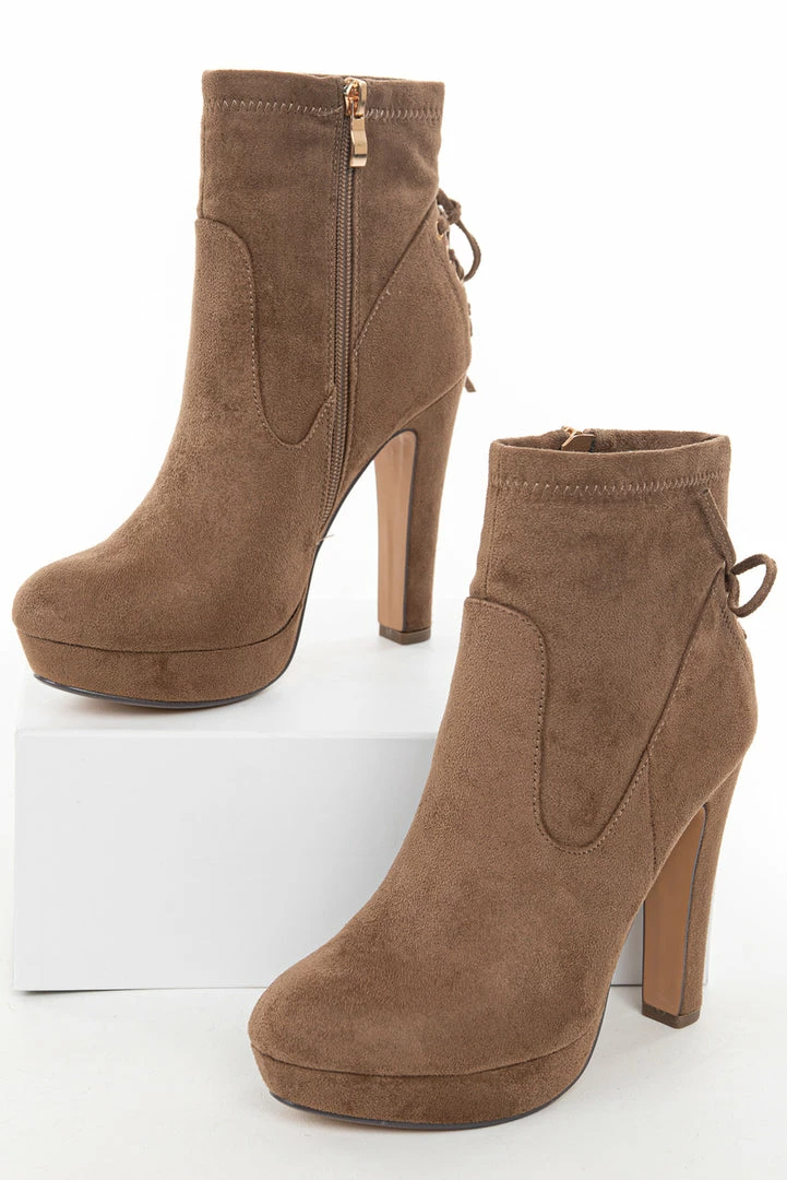 CJ Shoes Light Walnut High Heel Zip Up Booties With Tie Detail 19 CJ Shoes Light Walnut High Heel Zip Up Booties With Tie Detail
