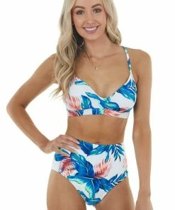 Beach Joy Bikini Ivory Tropical Print High Waisted Bikini Set With Tie Detail