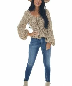 FSL APPAREL Beige Animal Print Ruching Front Peplum Blouse Tops 27 FSL APPAREL Beige Animal Print Ruching Front Peplum Blouse Tops