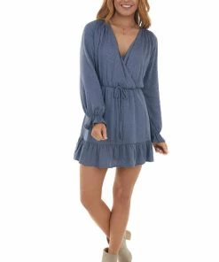 Peach Love Slate Blue Leopard Print Surplice Mini Dress