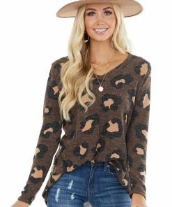 BiBi Chocolate Leopard Print Round Neck Long Sleeve Knit Top Tops