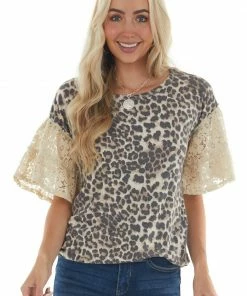BiBi Latte Leopard Print Top With Short Floral Lace Bell Sleeves 26 BiBi Latte Leopard Print Top With Short Floral Lace Bell Sleeves