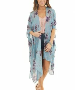 ANGIE Teal Floral Print Half Sleeve Kimono With Side Slits