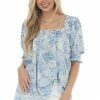 Davi & Dani Ivory And Powder Printed Square Neck Blouse Tops