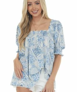 Davi & Dani Ivory And Powder Printed Square Neck Blouse Tops
