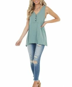 Mittoshop Sage Cotton Sleeveless Babydoll Tunic Top With V Neckline