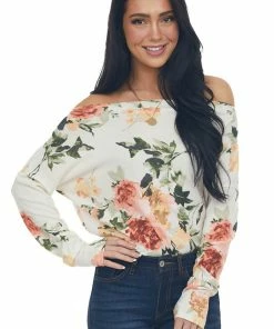 BiBi Ivory Floral Print Boat Neckline Knit Top