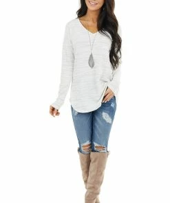 Staccato Dove Grey Stripe Patterned Top With Long Sleeves Tops