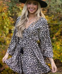 Main Strip Desert Sand Leopard Print Surplice Short Dress Dresses