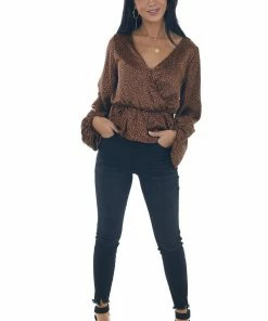 Peach Love Spice Leopard Print Surplice Peplum Blouse Tops