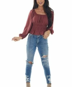 She + Sky Marsala Open Back Smocked Peplum Silky Blouse