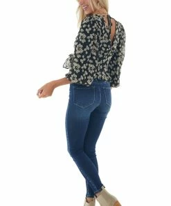 She + Sky Tops Black Floral Print Surplice Long Sleeve Blouse