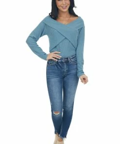 BiBi Tops Steel Blue Criss Cross Brushed Waffle Knit Top