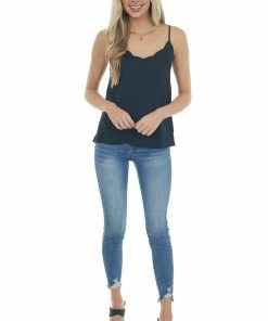 143 Story Black Scalloped Woven Top With Side Slits