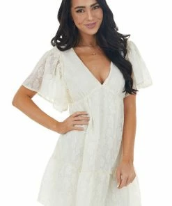 Flying Tomato Cream Lace Mini Babydoll Dress With Open Back