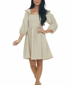Umgee Dresses Latte 3/4 Bubble Sleeve Smocked Gauze Dress