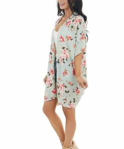 Lovely Melody Tops Pale Mint Floral Open Front Kimono With Back Cut Out Detail 27 Lovely Melody Tops Pale Mint Floral Open Front Kimono With Back Cut Out Detail