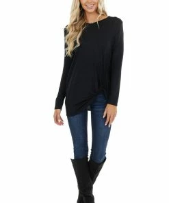 BOMBOM Tops Black Long Sleeve Knit Top With Side Hem Knot Detail