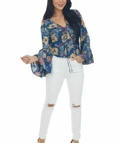 Nostalgia Tops Navy Floral Print Blouse With Long Sleeves