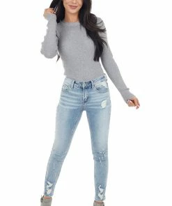 Wishlist Tops Dove Grey Ribbed Knit Bodysuit With Scalloped Neckline