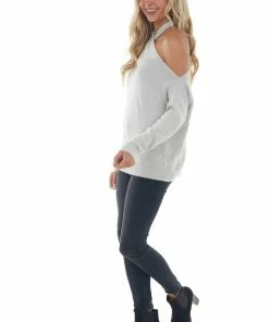 Lime Lush Dove Grey Long Sleeve Halter Neck Lightweight Sweater Tops