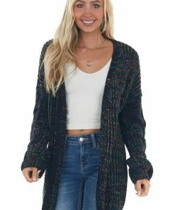 Davi & Dani Black Multicolor Cardigan With Bubble Sleeves Cardigans