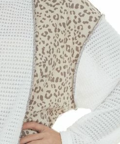 BiBi Tops Off White Leopard Colorblock Waffle Knit Top