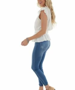 Grade & Gather Ivory Ruffle Cap Sleeve Cinch Waist Blouse