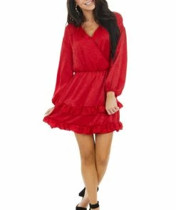 Peach Love Cherry Surplice Ruffled Satin Mini Dress With Elastic Waist Dresses