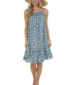 Ces Femme Dusty Slate Floral Print Sleeveless Short Ruffled Dress