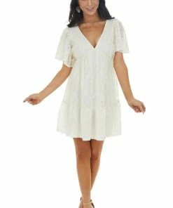 Flying Tomato Cream Lace Mini Babydoll Dress With Open Back