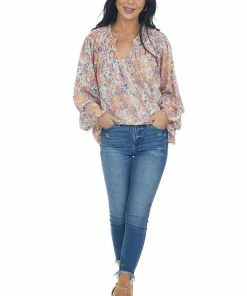Entro Sunset Floral Print Bubble Sleeve Blouse
