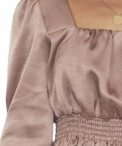 Peach Love Rose Taupe Silky Smocked Peplum Blouse Tops