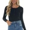 Entro Tops Black Ribbed Knit Bodysuit With Long Sleeves