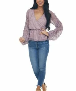 Peach Love Tops Mauve Floral Print Ruched Sleeve Peplum Blouse